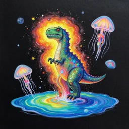 a chakra exploding dinosaur lsd limerence paintbrush jellyfish nervous system suspended in rainbow liquid paint lake on a creative whimsical alien planet, black paper, obscure, serendipity, geof darrow, dan mumford, moebius, anton fadeev