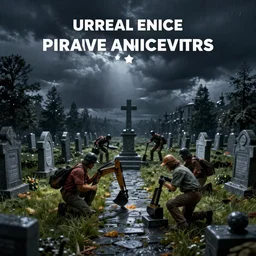 grave diggers in graveyard on a stormy night, unreal engine,