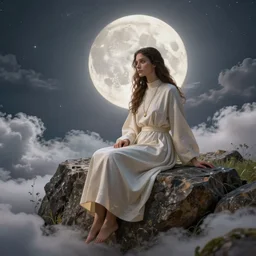 beautiful priestess sitting on a rock wall, celestial cloudy meadow scenery, artgerm, ferdinand knab, alena aenami, marc simonetti, moonlight