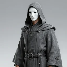 hooded male archmage in grey clothes!!! white mask covering whole face!!!! character concept art, sharp focus, octane render! unreal engine 5! highly rendered!! trending on artstation!! detailed linework!! illustration by artgerm, wlop, and chie yoshii