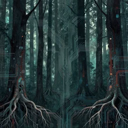abstract cyberpunk forest pattern. circuits and wires and roots. by heade and rutkowski.