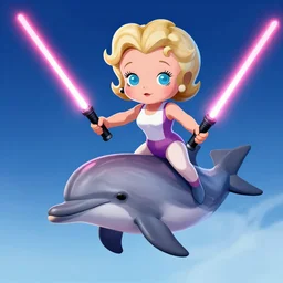 betty white riding a dolphin in space with laser beams coming out of her eyes dual wielding lightsabers