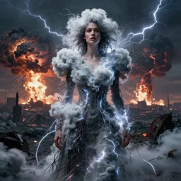 A portrait of a woman wearing clothes made out of thunder clouds, apocalypse, nuclear explosion in the background, Masterpiece, glowing, wires everywhere, by Edgar Maxence and Ross Tran, Zdzisław Beksiński, and Michael Whelan, distant, gustav dore, H.R. Giger, 8k, octane render