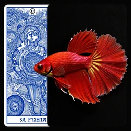 red betta fish by james jean and frank frazetta + black paper with intricate and vibrant blue line work + tarot card + mandelbulb fractal + full of golden layers + portrait + trending on artstation + incredible black and red gothic illustration + exquisite detail, minimal