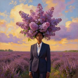 portrait, giant exploding lilac flower as head, black woman in suit in heather field, surreal photography, golden hour, colorful clouds, impressionist painting, digital painting, artstation, simon stalenhag