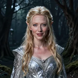 portrait of mischievous, dangerous Cate Blanchett's adolescent Galadriel as a queen of elves, dressed in a refined silvery garment. The background is a dark, chilling eastern europen forrest.  night, horroristic shadows, higher contrasts, (((lumnious))), theatrical, character concept art by ruan jia, thomas kinkade, and J.Dickenson, trending on Pinterest
