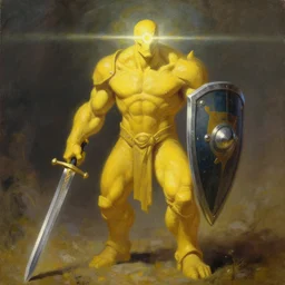 yellow human-sized warforged, full body, character with a paladin sword and a huge shield, with a light beaming from his eye, by Roger Dean, by Anton Fadeev, by albert bierstadt, magical realism, oil on canvas, soft render, octane, artstation