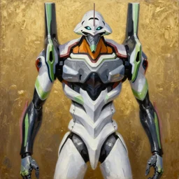 evangelion mecha, huge, john mcneill whistler, portrait, woman in white, oil on canvas, highly detailed, gold leaf,