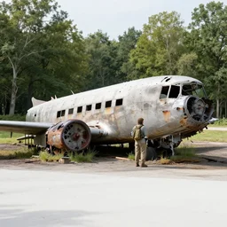 Two Explorers Next To A Rusted Crashed Plane In A Forest, Photorealistic