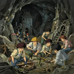 a film still of a cave full of miners at work, finely detailed features, perfect art, at an ancient city, gapmoe yandere grimdark, trending on pixiv fanbox, painted by greg rutkowski makoto shinkai takashi takeuchi studio ghibli, akihiko yoshida