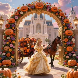 fairytale princess entering the gates of her majestic palace of flowers with horse carriage made of pumpkins epic scene unreal render hyperrealistic detail Star Wars