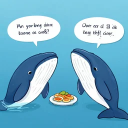 two whales talking about food with captions. clipart