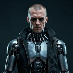 grainy photo of an ugly man, wearing bionic implants, cyborg, cyborg, cyborg, criminal, cyberpunk, augmented