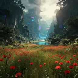 a beautiful very detailed render of valley abandoned by neil blevins, poppy reclaimed by nature rainforest hyperrealism meadow nightvision cyberpunk myst bladerunner 2 0 4 9 sunlight magic realism retrowave lake dramatic lighting extraterrestial water architecture island apocalyptic sci - fi desert, archdaily, wallpaper, highly detailed, trending on artstation.
