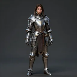 full body portrait of a proud young female knight in heavy fantasy armour by Lorenzo Nuti and Craig Mullins, medium length hair, green eyes, earrings, highly detailed, trending on artstation, cgsociety , 4k, 8k, HDR, octane render, unreal engine,