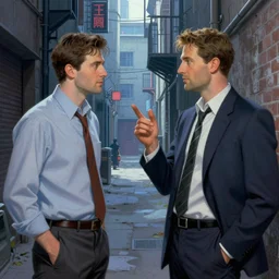 two secretive businessmen meeting in an alleyway, detailed illustration by thomas kinkade, cyberpunk