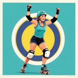 Margot Robbie as roller derby girl portrait, logo, wearing skating helmet, wearing knee and elbow pads, showing victory, Philippe Caza, 3 colour print