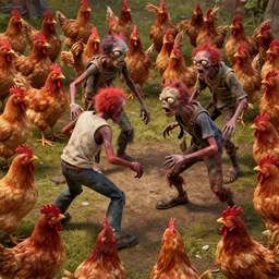 Crazy redneck zombies fight a horde of dressed chickens, 3d scene, render, ultra realistic, zenith view, Greg Rutkowski, artstation, cgsociety, unreal engine, ray tracing, detailed illustration, hd, 4k, Trending on artstation, deviantart