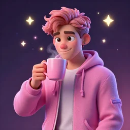 portrait of a ( ( ( grande y rosa una taza de cafe ) ) ), ( ( dotado futuristic guapo y joven espanol alegre ) ), tomande cafe, lleno de estrellas y magia, 3 d photorealistic, concept character, by filip hodas, trending on artstation