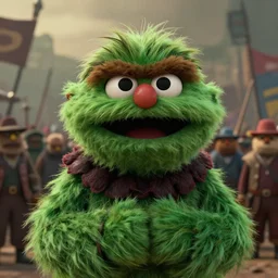 close up cinematic artwork of Oscar the grouch staring down the enemy on the battlefield by Greg Rutkowski, 4k, masterpiece