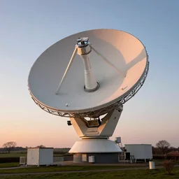 Jodrell Bank radio telescope dish at sunset photographed across the Cheshire plane with a telephoto lens