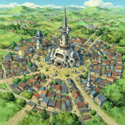 aerial view of a small futuristic town, anime drawing, thomas cole, studio ghibli, 4 k, desktop wallpaper