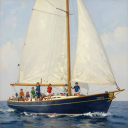 oil painting of a family sailing on a very big luxurious sailboat in the Netherlands, happy