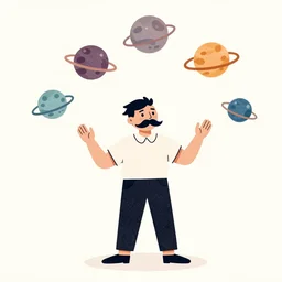 a being with a moustache juggling planets illustration