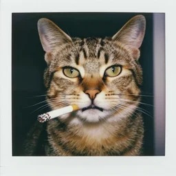 artistict portrait of a cat holding a lit cigarette in its mouth, very detailed and sharp, 8 5 mm, polaroid, instagram, 8 k, high quality