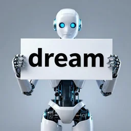 artificial intelligence robot holding a sign with text that reads : dream