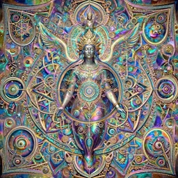 divine entity, epic, psychedelic colors, sacred geometry, multi color, octane render, magic aura, angelic, universe in the background, 4k, photorealistic, hyper detailed, octane render, volumetric lighting