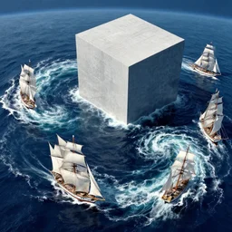 brigantine sailing around massive whirlpools. next to a massive cube in the middle of the ocean. seen from space photograph in the style of jean guichard's la jumont. r / superstructures