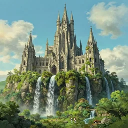 monumental beautiful overgrown gothic dungeon castle, carved in arboretum hill cliff with waterfalls, megascan concrete texture building, beautiful sky, cinematic composition, Jim Burns, Craig Mullins, wide angle, in the style of hayao miyazaki + brian froud + kim jung gi, studio ghibli, beautiful high detail enhanced 8k render