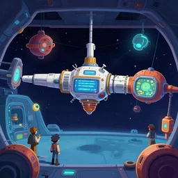 inside a space station, from a space themed LucasArts point and click 2D graphic adventure game, high quality cartoon style graphics
