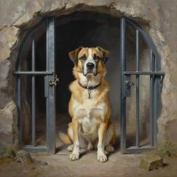 ultra wide full length painting of a dog sitting holding key, cave prison, highly detailed, high resolution, oil in canvas