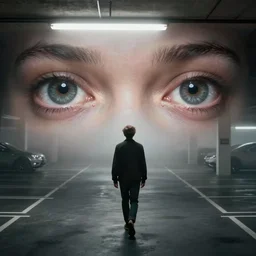 jonny greenwood, walking in liminal space interior parking lot, misty, liminal, fluorescent, award - winning photograph, landscape, high detail, hd eyes reflecting into eyes reflecting into infinity, dramatic lighting, ultrafine detail, round black eye pupils, chiaroscuro, private press, associated press photo, angelic photograph, masterpiece