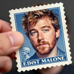 a closeup photorealistic illustration of post malone holding up a vintage american postage stamp with his face on it. fine detail. this 4 k hd image is trending on artstation, featured on behance, well - rendered, extra crisp, features intricate detail, epic composition and the style of unreal engine.