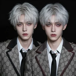 two handsome but sinister young men wearing gucci in layers of fear, with haunted eyes and pale hair, 1 9 7 0 s, seventies, wallpaper, a little blood, moonlight showing injuries, delicate embellishments, painterly, offset printing technique, by brom, robert henri, walter popp