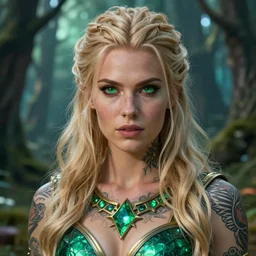 a close - up of tattooed blonde viking female warrior wearing a magical emerald leotard in a magical forest, hyper realistic face, green eyes, fantasy art, in the style of greg rutkowski, illustration, epic, fantasy, intricate, hyper detailed, artstation, concept art, smooth, sharp focus, vibrant