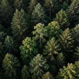 a view from the sky of a thick forest with varying tree types, green, painted, high resolution