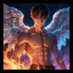 villan angel handsome in love slayer art, night, electro lines, anime style, detailed face, high quality, smooth in 8k, sharp focus, beautiful scene, black border, beautiful scene with a lot of colors, colorful fire, many colors