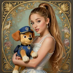 beautiful cottagecore Ariana Grande holding a Paw Patrol Dog named Chase, intricate, elegant, highly detailed, digital painting, artstation, concept art, smooth, sharp, focus, illustration, art by artgerm and greg rutkowski and alphonse mucha