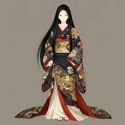 gorgeous japanese princess, long hair, intricately decorated clothing, full body length, shallow depth of field, matte painting by karole bak, by hasui kawase