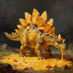 a nacho stegosaurus, nachosaurus, a stegosaurus with spikes made of of tortilla chips, pond of nacho cheese, painting by james gurney