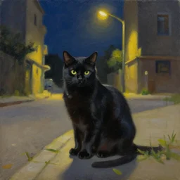 oil painting of a black cat sitting on the side of the street at night, illuminated by a street light