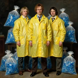 a beautiful full body portrait of heisenberg and jesse pinkman wearing a yellow plastic lab coat, hazmat, bags of blue crystals surrounding him, art by franz xaver winterhalter, highly detailed, elegant, jewlery, romanticism, rococo, neoclassicism, 1 8 5 0 s style painting, oil on canvas, vivid