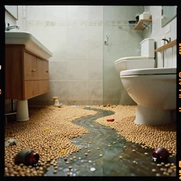 kodak portra 4 0 0 photographic and realistic, interior of a bathroom, detailed, octane render, unreal engine, 4 k, artstation, hyper realistic, wide angle, floor flooded with beans, river, objects that float, 3 5 mm, sharp focus, soft light, volumetric light, in the style of gregory crewdson
