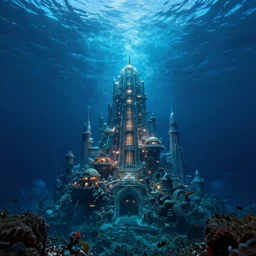 atlantis, an amazing underwater city glowing with light below turbulent waters above