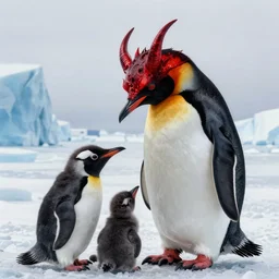 a demonic penguin feeding her babies, the demonic penguin is red and takes many features of demons from underworlds and Hell itself part of her skull is exposed, hell, antarctic, photo realistic, hyper realistic