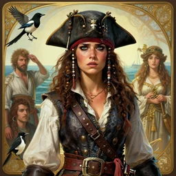 freckled mediterranean pirate girl, small bird black and white magpie, seaside backgroud, face of anxiety and longing, intricate, elegant, well composed, highly detailed, assassin's creed iv, prince of persia sands of time, art by chengwei pan and viktoria gavrilenko and artgerm and greg rutkowski and alphonse mucha, trending on artstation